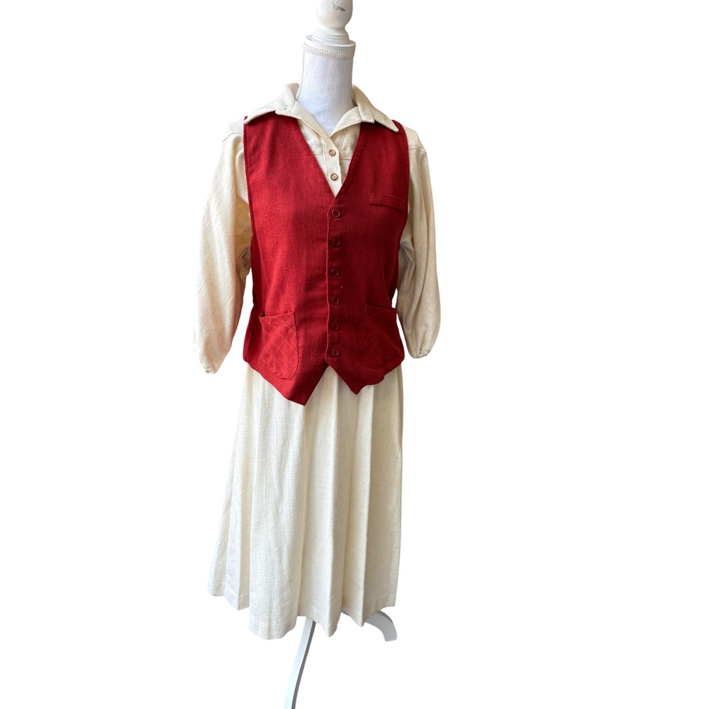 Vintage 70s Tracy Dress Vest Set S Cream Red Prairie Western Cottagecore